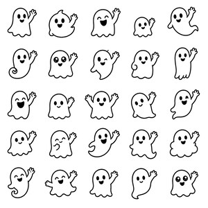 May include: A collection of twenty-five black and white line art illustrations of ghosts. Each ghost features a simple, rounded shape with a smiling face and one hand raised in a waving gesture, presented in a grid layout on a plain white background.