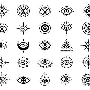 Op de afbeelding: Een verzameling van 25 zwart-witte oogsymbolen in verschillende geometrische vormen. Elk oogontwerp heeft een iris en pupil, met decoratieve elementen zoals stralen, sterren en cirkels. Geschikt voor spirituele of mystieke thema's.