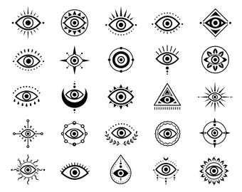 Evil Eye SVG Icons Bundle – 25 Distinct Black Outline Mystic Symbols, Bold Line Art, White Background, Cricut Silhouette, Eps, Dxf, Png, Jpg