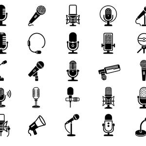 Peut inclure: Ensemble d'icônes de microphones noirs et blancs. L'image présente différents modèles, notamment des micros à main, sur pied et de studio, adaptés à l'enregistrement audio et à la diffusion.