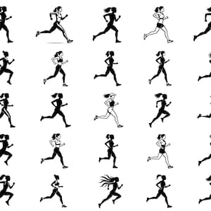 May include: A collection of twenty-five black and white illustrations arranged in a grid, each depicting a runner in motion. The figures are shown in various running poses, wearing athletic clothing, with some silhouettes and some detailed outlines.