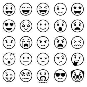 Könnte beinhalten: Eine Sammlung von schwarz-weißen Emoji-Gesichtern, die jeweils einen anderen Ausdruck zeigen. Die Emojis zeigen Ausdrücke wie Lächeln, Zwinkern, Weinen und Wut. Die Gesichter sind rund mit einfachen Strichzeichnungen.