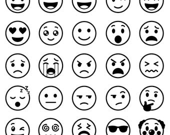 Paquete de iconos SVG de caras de emociones de dibujos animados: 25 iconos emoji únicos con contorno negro, arte lineal en negrita, fondo blanco, Cricut Silhouette, Dxf, Jpg, Eps