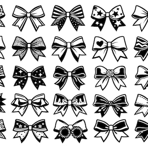 Puede incluir: Una colección de ilustraciones de lazos en blanco y negro. Los lazos presentan varios diseños, incluyendo estampados de animales, estrellas, corazones y patrones florales. Los lazos son adecuados para manualidades, proyectos de diseño o fines decorativos.