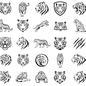 Könnte beinhalten: Eine Sammlung von fünfundzwanzig schwarz-weißen Tiger-Illustrationen in verschiedenen Posen, darunter Tigerköpfe, laufende Tiger, springende Tiger, Tiger in Wappen und Krallenspuren, alle in einem kräftigen grafischen Stil dargestellt.