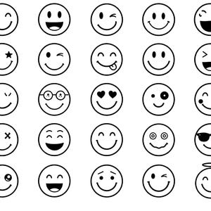 Smiley Face SVG Bundle – 25 Unique Black Outline Emoji Icons, Bold Line Art, White Background, Cricut Silhouette Cut Files