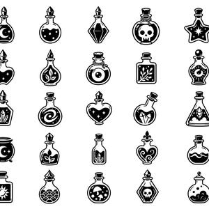 May include: A collection of twenty-five black and white icons depicting various potion bottles and flasks. The designs feature diverse shapes including hearts, stars, squares, and spheres, with internal motifs like skulls, moons, crystals, and plants.