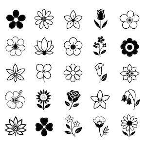 Puede incluir: Una colección de veinticinco iconos de flores distintos en blanco y negro, dispuestos en una cuadrícula de cinco por cinco. Cada icono presenta una forma floral única, incluyendo varios pétalos, hojas y tallos, en un estilo gráfico limpio.