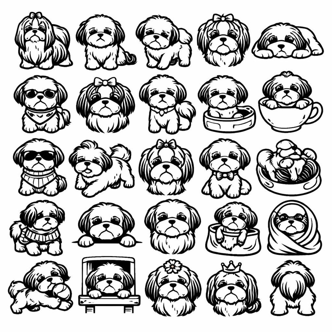 25 Shih Tzu Dog SVG Bundle | Unique Black Line Art Icons | Cute Puppy ...