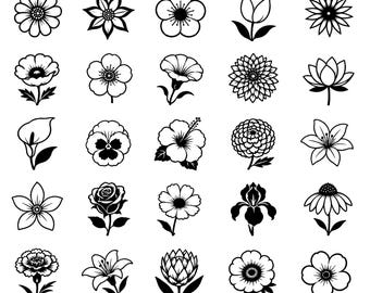 Flower SVG Bundle – 25 Distinct Botanical Outline Icons, Bold Line Art, White Background, Digital Clipart, Cricut Silhouette Cut Files