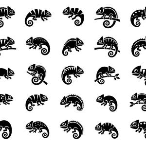 Pacchetto di silhouette di camaleonti in formato SVG – 25 icone distinte di rettili, contorni neri pieni, sfondo bianco, compatibili con Cricut, formati EPS, DXF e PNG.