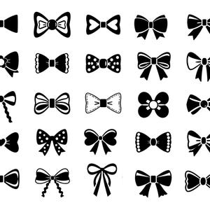 May include: A collection of twenty-five distinct black and white bow icons arranged in a five-by-five grid. Each icon features a unique bow shape, including variations with polka dots, stripes, heart centres, scalloped edges, and ribbon tails.