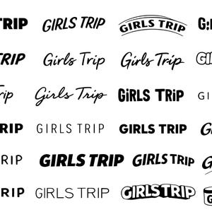 Puede incluir: Una colección de diseños de texto "Girls Trip" en varias fuentes y estilos. El texto es principalmente negro, con algunos diseños que presentan diseños curvos o tipo banner. La imagen muestra una gama de opciones tipográficas para un tema de "Girls Trip".