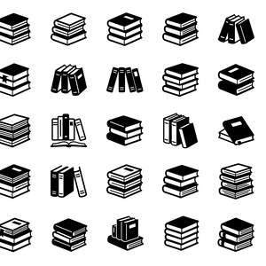 Könnte beinhalten: Eine Sammlung von fünfundzwanzig schwarz-weißen Symbolen, die verschiedene Anordnungen von Büchern darstellen, darunter Stapel horizontaler Bände, vertikale Buchrückenreihen und aufgeschlagene Bücher, präsentiert in einem Raster auf weißem Grund.