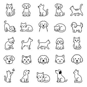 Könnte beinhalten: Eine Sammlung von fünfundzwanzig schwarz-weißen Strichzeichnungen, die verschiedene Katzen und Hunde in unterschiedlichen Posen wie Sitzen, Stehen, Gehen, Schlafen und Spielen zeigen, angeordnet in einem fünf-mal-fünf Raster auf weißem Grund.