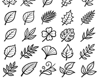 Paquete de imágenes SVG de hojas: 25 iconos únicos de follaje botánico en contorno, arte lineal negro en negrita, fondo blanco limpio, imágenes prediseñadas inspiradas en la naturaleza.