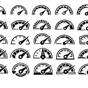 May include: A collection of black speedometer icons, each with a needle indicating a different level. The designs vary, with some having a semi-circular shape and others featuring unique borders. The needles point to various positions.