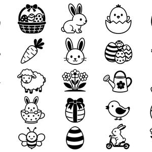 Puede incluir: Una colección de veinticinco iconos de arte lineal en blanco y negro con temas de Pascua. El conjunto incluye ilustraciones de conejos, pollitos, huevos decorados, cestas, zanahorias, flores, una regadera, una abeja y un conejo en un patinete.