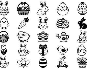 Cute Easter SVG Bundle – 25 Unique Black Outline Spring Icons, Bold Line Art, White Background, Cricut Silhouette Cut Files, Dxf, Eps, Png
