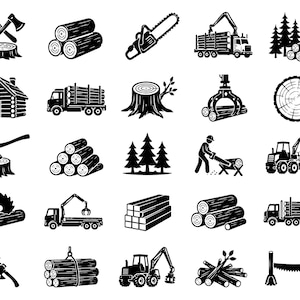 Pacote de ícones SVG para exploração madeireira – 25 símbolos exclusivos de colheita de madeira, contorno preto, arte com linhas marcantes, fundo branco, compatíveis com Cricut e Silhouette.