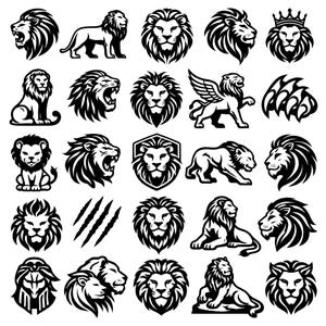 May include: A collection of black and white lion illustrations in various poses and styles. The images include lion heads, full body depictions, and a lion with wings. The designs vary from detailed to stylized, suitable for graphic design projects.