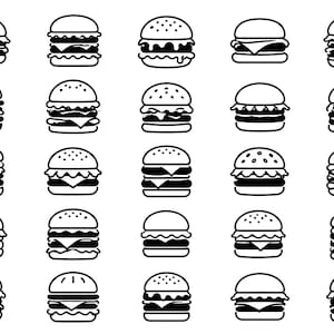 May include: A collection of twenty-five distinct black and white line art icons of hamburgers arranged in a five-by-five grid. Each icon depicts a burger with varying layers of buns, patties, cheese, lettuce, and condiments in a simple graphic style.