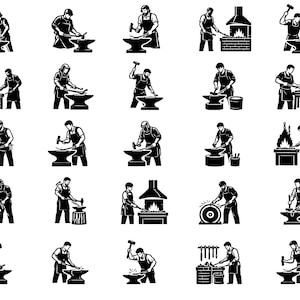 Può includere: Una collezione di illustrazioni in bianco e nero che raffigurano fabbri al lavoro. Ogni immagine mostra un fabbro che usa un martello e un'incudine, con alcune immagini che includono una fucina o altri strumenti. Le illustrazioni sono semplici e stilizzate.