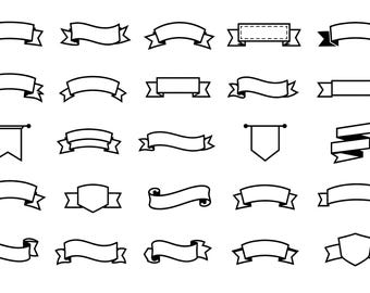 Banner SVG Icons Bundle – 25 Exclusive Black Outline Ribbon Designs, Bold Vector Line Art, White Background, Cricut Silhouette Cut Files