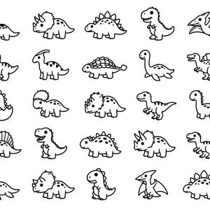May include: A collection of black and white cartoon dinosaur illustrations. The dinosaurs include a T-Rex, Triceratops, Stegosaurus, and Pterodactyl. The dinosaurs are in various poses, some standing, some walking, and some with their mouths open.