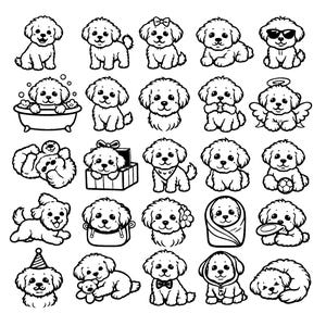 Op de afbeelding: Een verzameling van 25 zwart-wit illustraties van schattige puppy's in verschillende poses. Sommige puppy's dragen accessoires zoals zonnebrillen, strikken en feesthoedjes. Anderen worden afgebeeld met speelgoed of in speelse situaties.