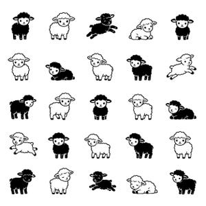 Op de afbeelding: Een verzameling van vijfentwintig zwart-witillustraties van schapen in verschillende houdingen. De schapen zijn afgebeeld in diverse posities, waaronder staand, zittend en springend, waarbij sommige in effen zwart en andere in witte lijnen.