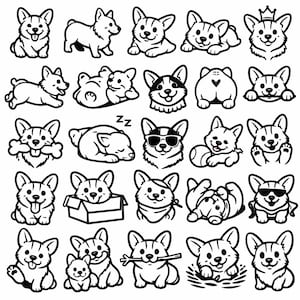 Op de afbeelding: Een verzameling zwart-wit cartoon illustraties van Corgi honden in verschillende poses. Sommige Corgi's staan, zitten of liggen. Sommige dragen een zonnebril, een kroon of houden voorwerpen vast. De illustraties zijn eenvoudig en speels.