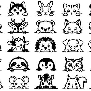 Peut inclure: Une collection de vingt-cinq illustrations en noir et blanc représentant divers animaux, dont un tigre, un husky, un lapin, un chat, un panda, un chien, un cerf, un ours, un renard, un koala, un raton laveur, une vache, un hérisson, un cochon, un éléphant, une girafe, un paresseux, un pingouin, un hibou, une grenouille, une souris, un zèbre, un écureuil et un poussin.