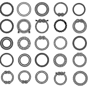 May include: A collection of twenty-five black and white circular rope frames arranged in a five-by-five grid. Each frame features distinct rope textures, varying twist patterns, and several include decorative knots or frayed ends in a graphic style.