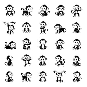 Può includere: Una collezione di venticinque illustrazioni vettoriali in bianco e nero che raffigurano scimmie dei cartoni animati in varie pose, tra cui sedute, in piedi, appese ai rami e mentre tengono una banana, disposte in una griglia.