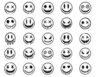 Grunge Smile SVG Bundle – 25 Unique Distressed Emoji Icons, Bold Outline Vector Set, White Background, Cricut Silhouette Cutting Files