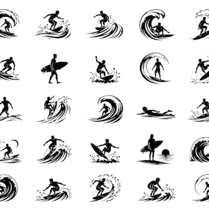 May include: A collection of twenty-five black and white graphic icons depicting various surfing scenes. Each icon features a silhouette of a person on a surfboard, riding ocean waves, standing on a beach, or paddling, with some designs including palm trees.