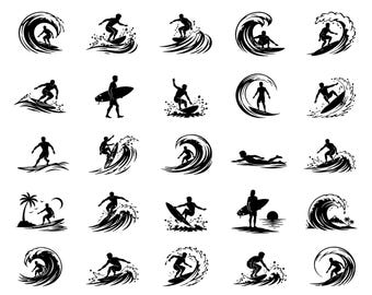 Surfing SVG Icons Bundle – 25 Unique Wave Rider Symbols, Bold Black Outline Graphics, White Background, Coastal Line Art, Cricut Silhouette