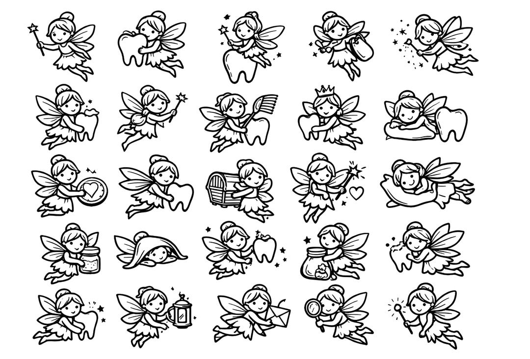 Tooth Fairy SVG Icons Bundle – 25 Unique Black Outline Fairy Icons ...