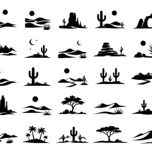 Collezione di SVG di scene desertiche: 25 icone distinte di paesaggi aridi, illustrazioni dai contorni nitidi, sfondo bianco, DXF, PNG, EPS, compatibili con Cricut e Silhouette.