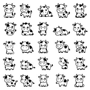 May include: A collection of twenty-five black and white line art illustrations of cartoon cows in various poses. Each cow features simple facial expressions, small horns, and spotted patterns, arranged in a grid format on a plain white background.