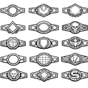 May include: A collection of black and white championship belts with various designs. Some belts feature crowns, stars, skulls, and globes. The belts are displayed in a grid pattern.