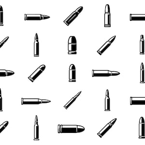 May include: A repeating pattern of black and white graphic illustrations featuring various types of ammunition, including pointed rifle cartridges and rounded handgun bullets, arranged in a grid layout against a plain white background.