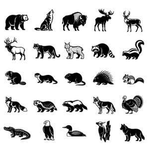 Op de afbeelding: Een verzameling van vijfentwintig zwart-wit vectorillustraties met diverse Noord-Amerikaanse wilde dieren, waaronder een beer, wolf, bizon, eland, hert, wapiti, poema, lynx, wasbeer, stinkdier, bever, otter, muskusrat, stekelvarken, chipmunk, vos, das, kalkoen, adelaar, alligator, duiker en specht.