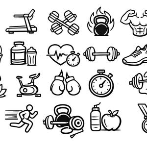 Puede incluir: Colección de iconos de fitness en blanco y negro, que incluyen un brazo flexionándose, una cinta de correr, pesas, una pesa rusa, un torso musculoso, una cuerda para saltar, un batido de proteínas, un monitor de frecuencia cardíaca y una medalla.