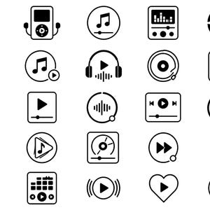 Musik-Player SVG-Icons - 25 einzigartige Audiosteuersymbole, fettgedruckte schwarze Umrisslinie Kunst, weißer Hintergrund, Medien-Oberfläche, Cricut Silhouette