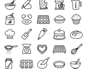 Baking SVG PNG Bundle – 25 Unique Black Outline Bakery Icons, Bold Line Art, White Background, Cricut Silhouette Cut Files, Dxf, Eps, Png