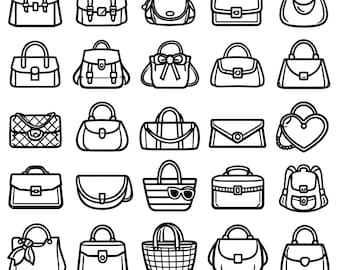 Handbag SVG Icons Bundle – 25 Unique Black Outline Purse Designs, Bold Line Art, White Background, Fashion Accessories, Cricut Silhouette