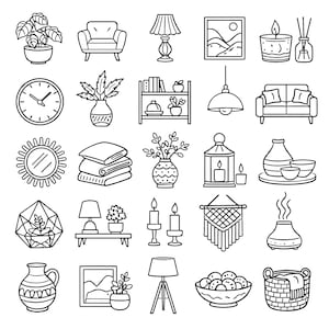 May include: A collection of line art illustrations featuring home decor items. The images include a potted plant, armchair, table lamp, framed landscape, candle, clock, vase, bookshelf, pendant light, sofa, mirror, folded blankets, lantern, decorative bowls, terrarium, candles, macrame wall hanging, and a diffuser.