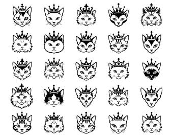 Cat Face SVG With Crown Bundle – 25 Unique Royal Feline Outline Icons, Bold Line Art, White Background, Cricut and Silhouette Cut Files